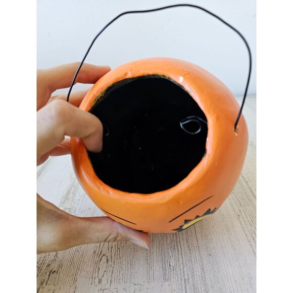 Paper mache pumpkin basket vintage style shabby chic jack-o'-lantern Halloween d - Picture 6 of 7